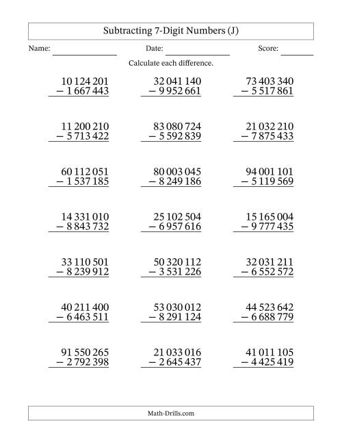 The Subtracting 7-Digit Numbers With All Regrouping (21 Questions) (Space Separated Thousands) (J) Math Worksheet