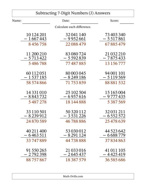 The Subtracting 7-Digit Numbers With All Regrouping (21 Questions) (Space Separated Thousands) (J) Math Worksheet Page 2