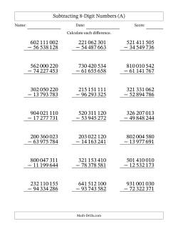 Subtracting 8-Digit Numbers With All Regrouping (21 Questions) (Space Separated Thousands)