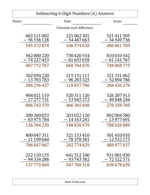 Subtracting 8-Digit Numbers with All Regrouping with Space-Separated ...