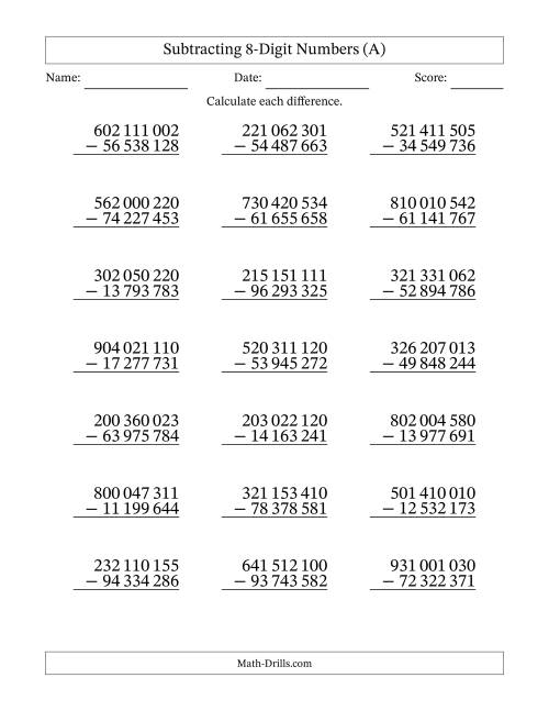 The Subtracting 8-Digit Numbers With All Regrouping (21 Questions) (Space Separated Thousands) (All) Math Worksheet