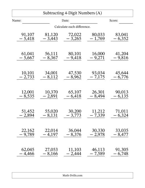 The Subtracting 4-Digit Numbers With All Regrouping (35 Questions) (Comma Separated Thousands) (A) Math Worksheet
