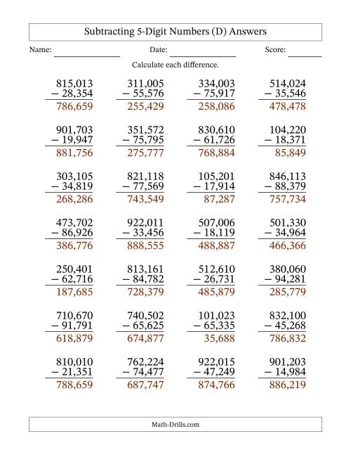 Subtracting 5-Digit Numbers with All Regrouping with Comma-Separated ...