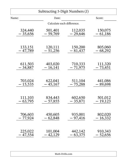 Subtracting 5-Digit Numbers with All Regrouping with Comma-Separated ...