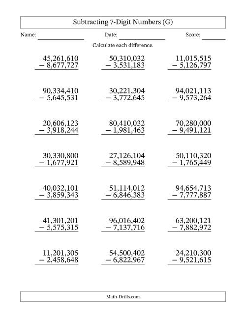 Subtracting 7-Digit Numbers with All Regrouping with Comma-Separated ...