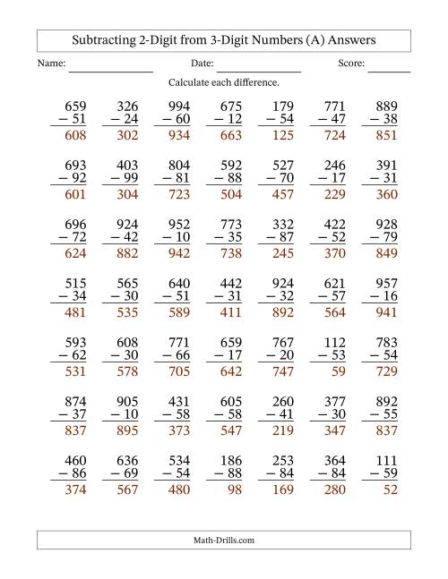 The Subtracting 2-Digit from 3-Digit Numbers With Some Regrouping (49 Questions) (A) Math Worksheet Page 2