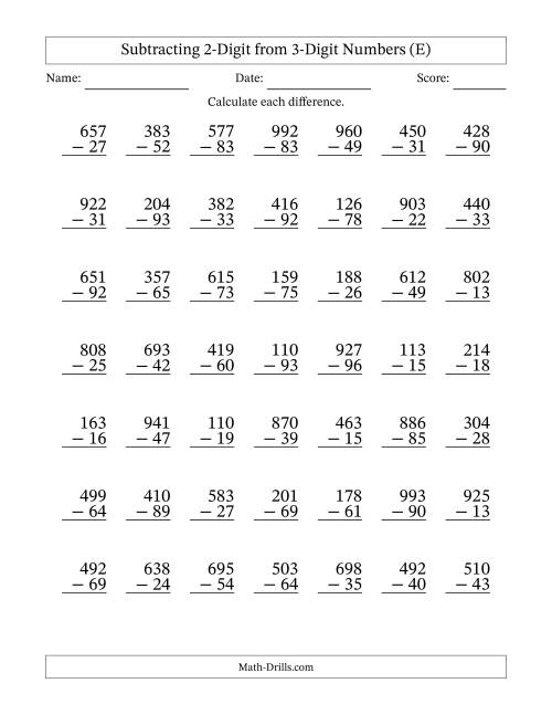 The Subtracting 2-Digit from 3-Digit Numbers With Some Regrouping (49 Questions) (E) Math Worksheet