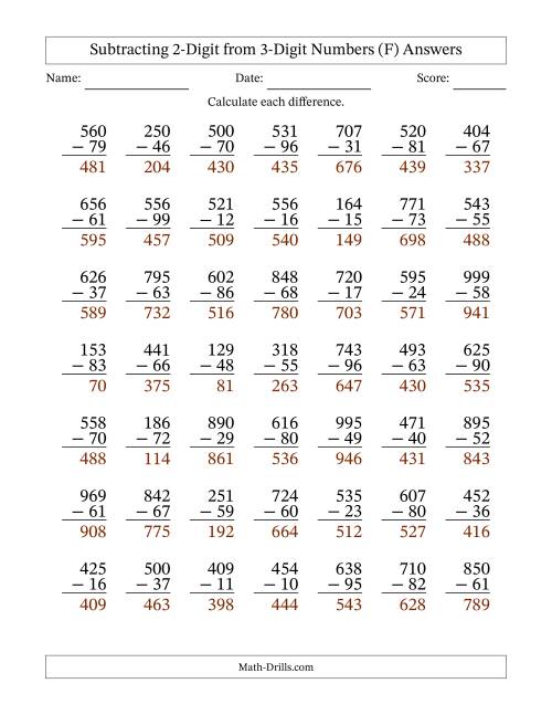 The Subtracting 2-Digit from 3-Digit Numbers With Some Regrouping (49 Questions) (F) Math Worksheet Page 2