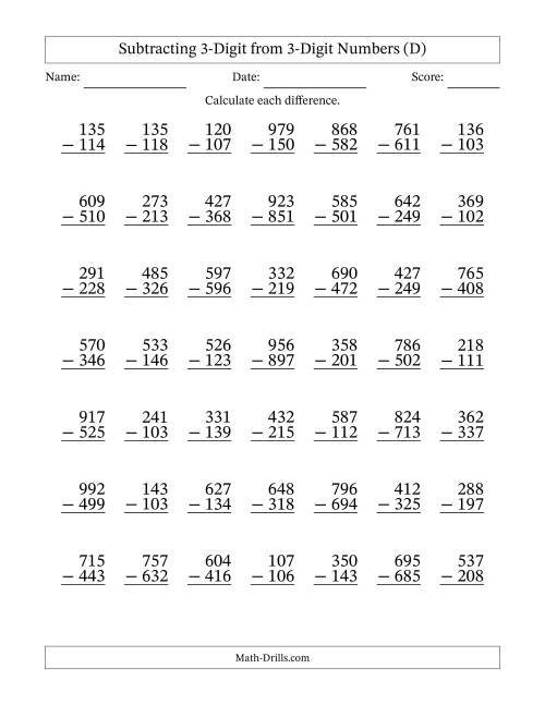 The Subtracting 3-Digit from 3-Digit Numbers With Some Regrouping (49 Questions) (D) Math Worksheet