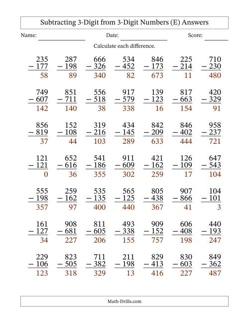 The Subtracting 3-Digit from 3-Digit Numbers With Some Regrouping (49 Questions) (E) Math Worksheet Page 2