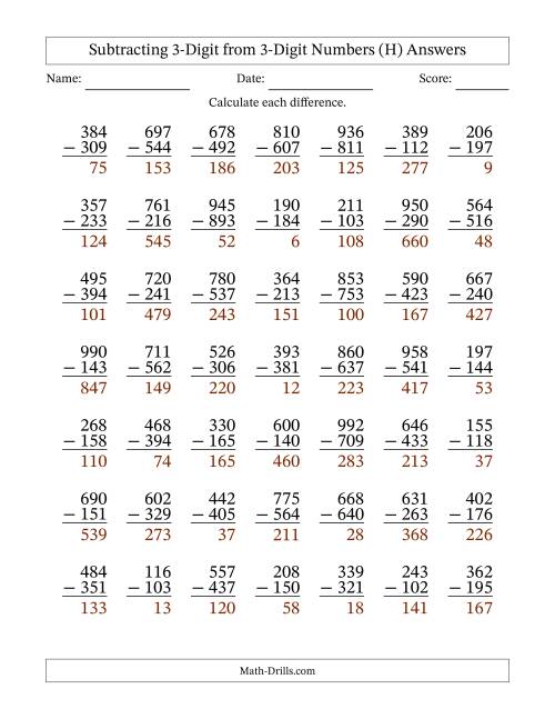 The Subtracting 3-Digit from 3-Digit Numbers With Some Regrouping (49 Questions) (H) Math Worksheet Page 2