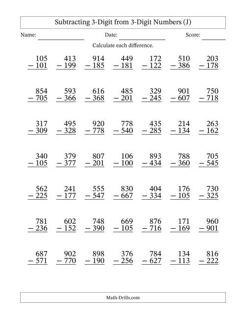 The Subtracting 3-Digit from 3-Digit Numbers With Some Regrouping (49 Questions) (J) Math Worksheet