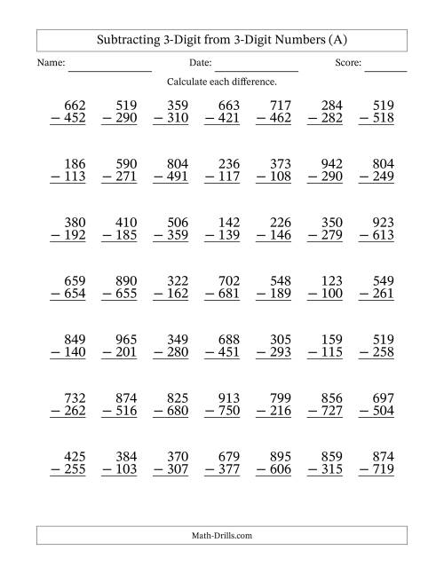 The Subtracting 3-Digit from 3-Digit Numbers With Some Regrouping (49 Questions) (All) Math Worksheet