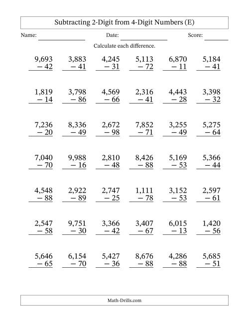 The Subtracting 2-Digit from 4-Digit Numbers With Some Regrouping (42 Questions) (Comma Separated Thousands) (E) Math Worksheet