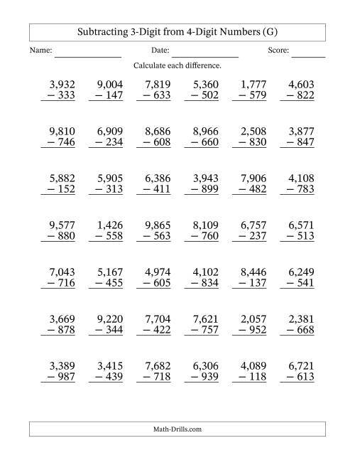 The Subtracting 3-Digit from 4-Digit Numbers With Some Regrouping (42 Questions) (Comma Separated Thousands) (G) Math Worksheet