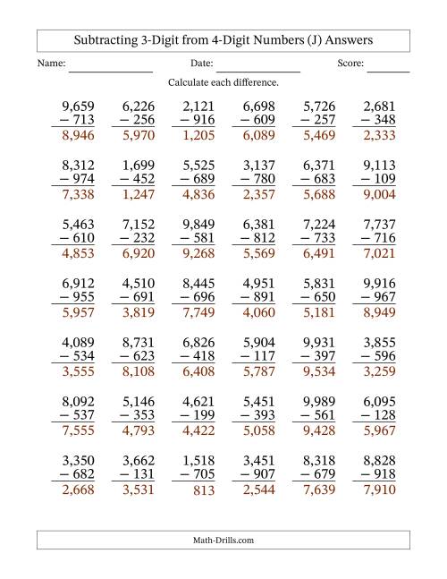 The Subtracting 3-Digit from 4-Digit Numbers With Some Regrouping (42 Questions) (Comma Separated Thousands) (J) Math Worksheet Page 2