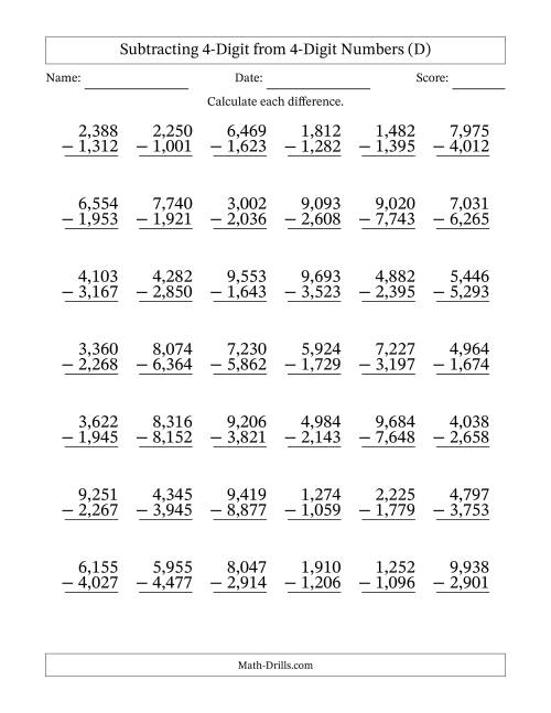 The Subtracting 4-Digit from 4-Digit Numbers With Some Regrouping (42 Questions) (Comma Separated Thousands) (D) Math Worksheet