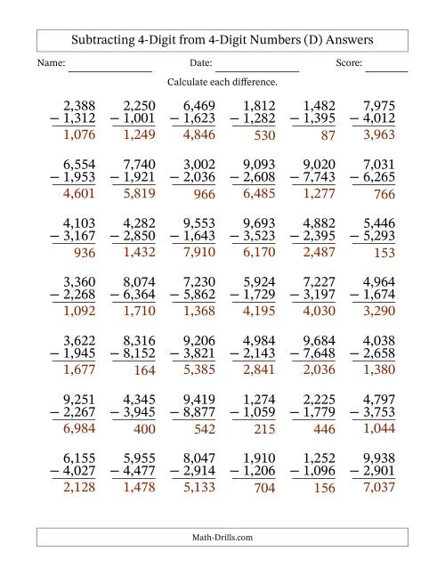 The Subtracting 4-Digit from 4-Digit Numbers With Some Regrouping (42 Questions) (Comma Separated Thousands) (D) Math Worksheet Page 2