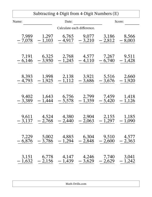 The Subtracting 4-Digit from 4-Digit Numbers With Some Regrouping (42 Questions) (Comma Separated Thousands) (E) Math Worksheet