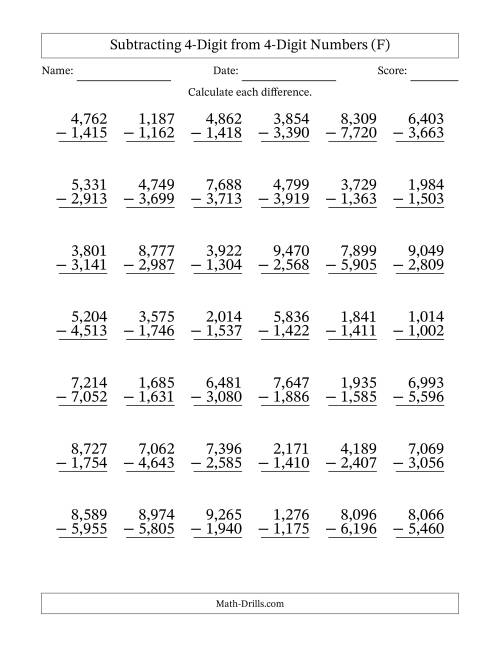 The Subtracting 4-Digit from 4-Digit Numbers With Some Regrouping (42 Questions) (Comma Separated Thousands) (F) Math Worksheet
