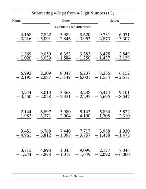 The Subtracting 4-Digit from 4-Digit Numbers With Some Regrouping (42 Questions) (Comma Separated Thousands) (G) Math Worksheet