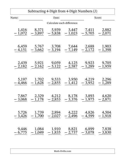 The Subtracting 4-Digit from 4-Digit Numbers With Some Regrouping (42 Questions) (Comma Separated Thousands) (J) Math Worksheet