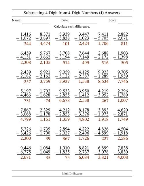The Subtracting 4-Digit from 4-Digit Numbers With Some Regrouping (42 Questions) (Comma Separated Thousands) (J) Math Worksheet Page 2