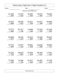 Subtracting 3-Digit from 5-Digit Numbers With Some Regrouping (35 Questions) (Comma Separated Thousands)