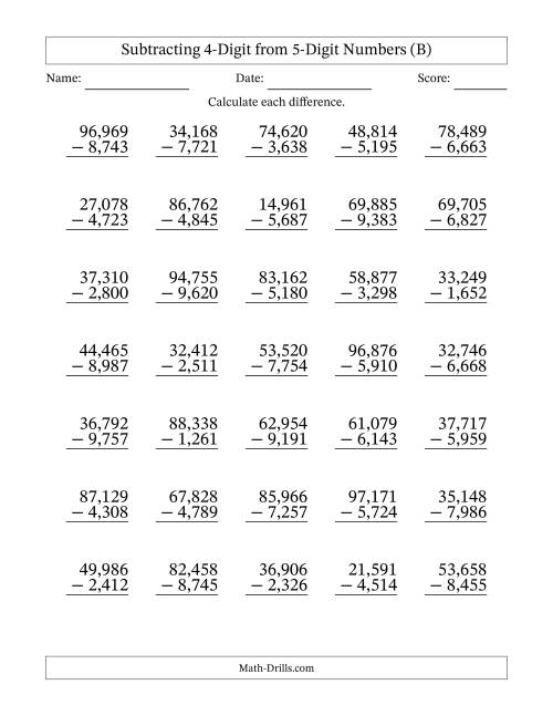 The Subtracting 4-Digit from 5-Digit Numbers With Some Regrouping (35 Questions) (Comma Separated Thousands) (B) Math Worksheet