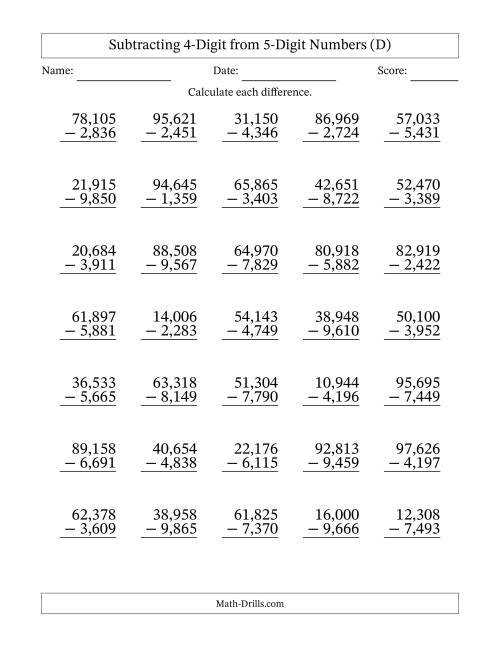 The Subtracting 4-Digit from 5-Digit Numbers With Some Regrouping (35 Questions) (Comma Separated Thousands) (D) Math Worksheet