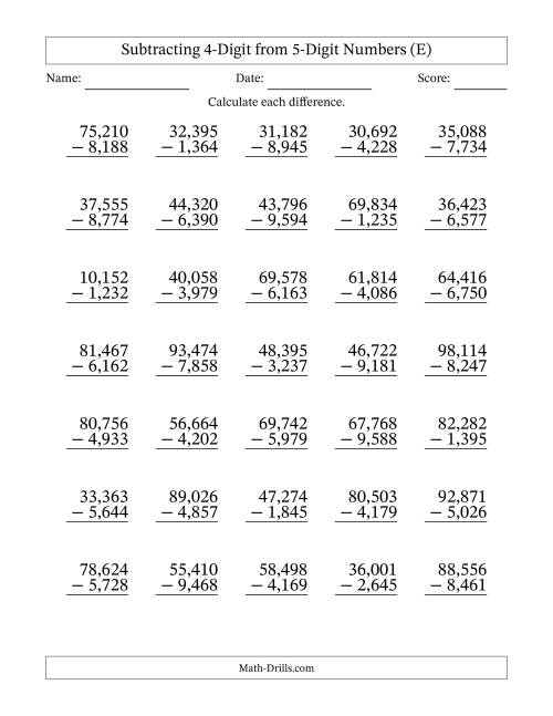 The Subtracting 4-Digit from 5-Digit Numbers With Some Regrouping (35 Questions) (Comma Separated Thousands) (E) Math Worksheet