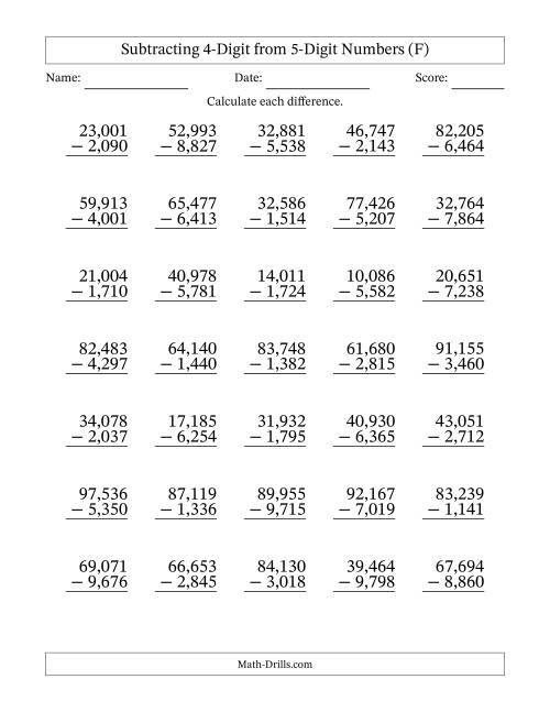 The Subtracting 4-Digit from 5-Digit Numbers With Some Regrouping (35 Questions) (Comma Separated Thousands) (F) Math Worksheet