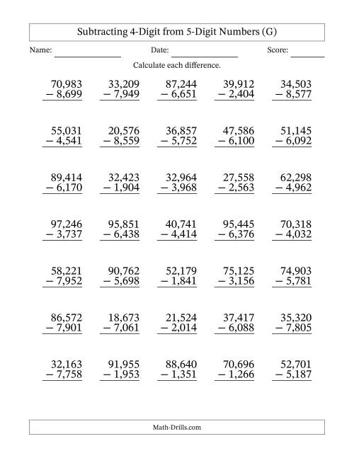 The Subtracting 4-Digit from 5-Digit Numbers With Some Regrouping (35 Questions) (Comma Separated Thousands) (G) Math Worksheet