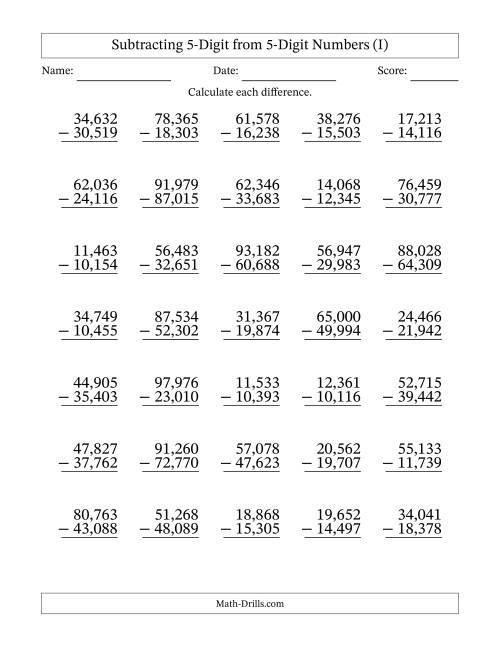 5-Digit Minus 5-Digit Subtraction with Comma-Separated Thousands (I)