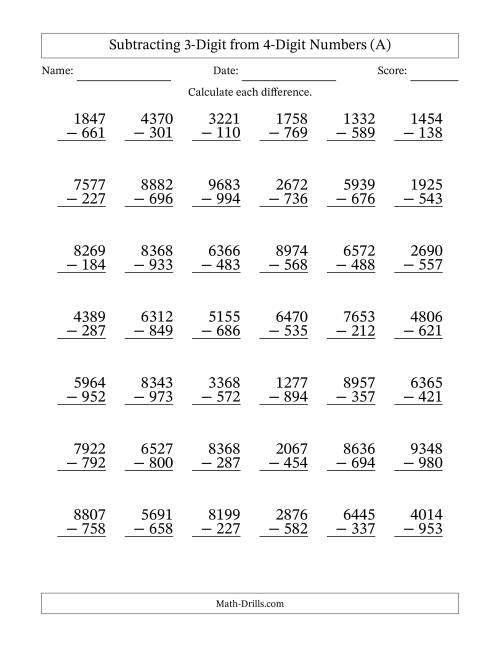 The Subtracting 3-Digit from 4-Digit Numbers With Some Regrouping (42 Questions) (A) Math Worksheet
