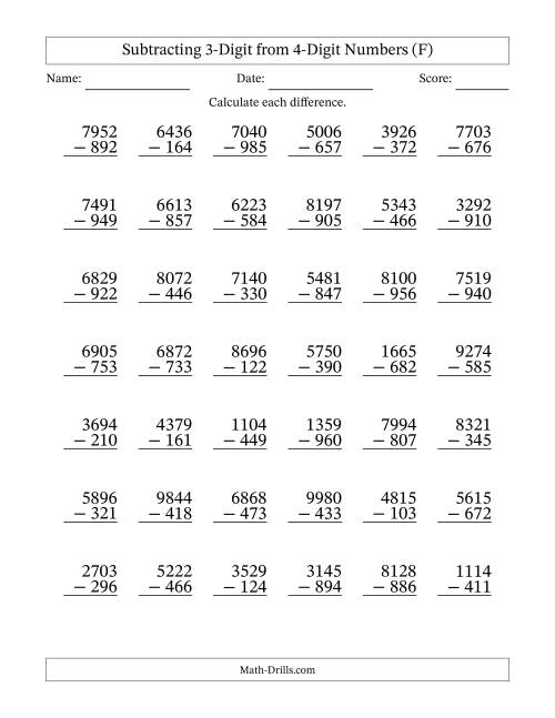 The Subtracting 3-Digit from 4-Digit Numbers With Some Regrouping (42 Questions) (F) Math Worksheet