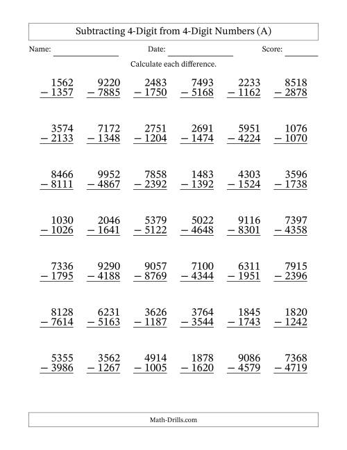 The Subtracting 4-Digit from 4-Digit Numbers With Some Regrouping (42 Questions) (A) Math Worksheet