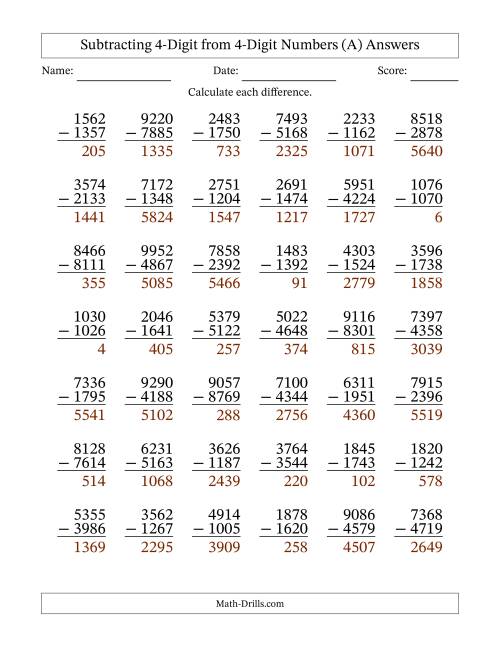 The Subtracting 4-Digit from 4-Digit Numbers With Some Regrouping (42 Questions) (A) Math Worksheet Page 2