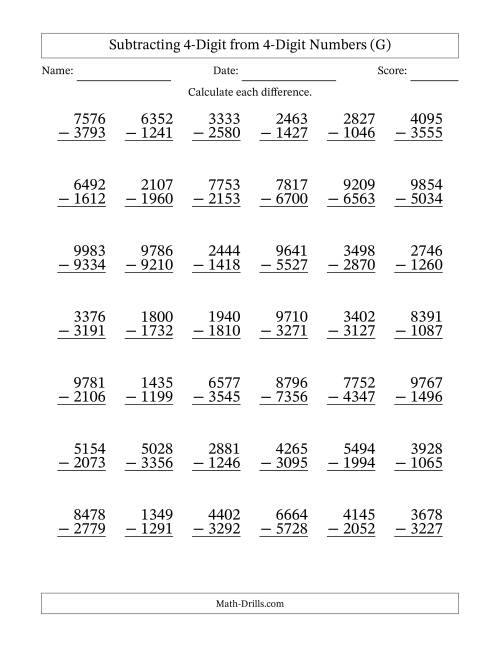 The Subtracting 4-Digit from 4-Digit Numbers With Some Regrouping (42 Questions) (G) Math Worksheet