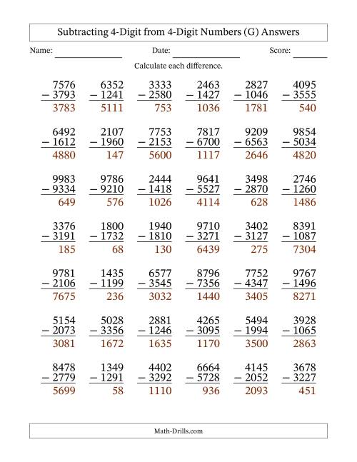 The Subtracting 4-Digit from 4-Digit Numbers With Some Regrouping (42 Questions) (G) Math Worksheet Page 2