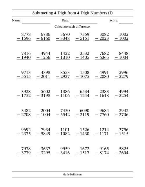 The Subtracting 4-Digit from 4-Digit Numbers With Some Regrouping (42 Questions) (I) Math Worksheet