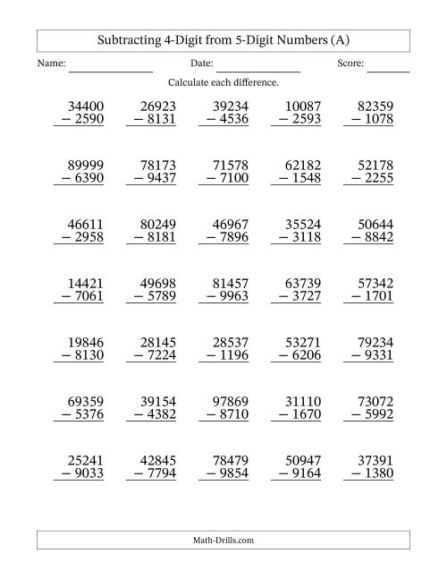 The Subtracting 4-Digit from 5-Digit Numbers With Some Regrouping (35 Questions) (A) Math Worksheet