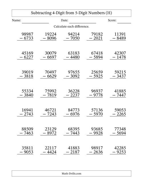 The Subtracting 4-Digit from 5-Digit Numbers With Some Regrouping (35 Questions) (H) Math Worksheet