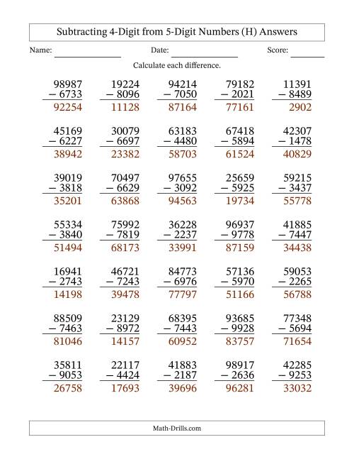 The Subtracting 4-Digit from 5-Digit Numbers With Some Regrouping (35 Questions) (H) Math Worksheet Page 2