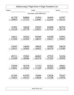 Subtracting 5-Digit from 5-Digit Numbers With Some Regrouping (35 Questions)