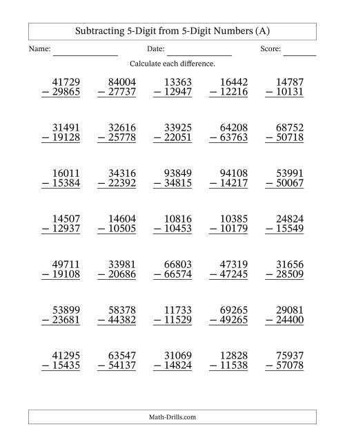 The Subtracting 5-Digit from 5-Digit Numbers With Some Regrouping (35 Questions) (A) Math Worksheet
