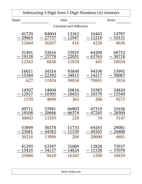 The Subtracting 5-Digit from 5-Digit Numbers With Some Regrouping (35 Questions) (A) Math Worksheet Page 2