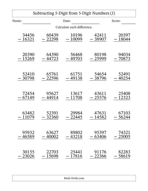 The Subtracting 5-Digit from 5-Digit Numbers With Some Regrouping (35 Questions) (J) Math Worksheet