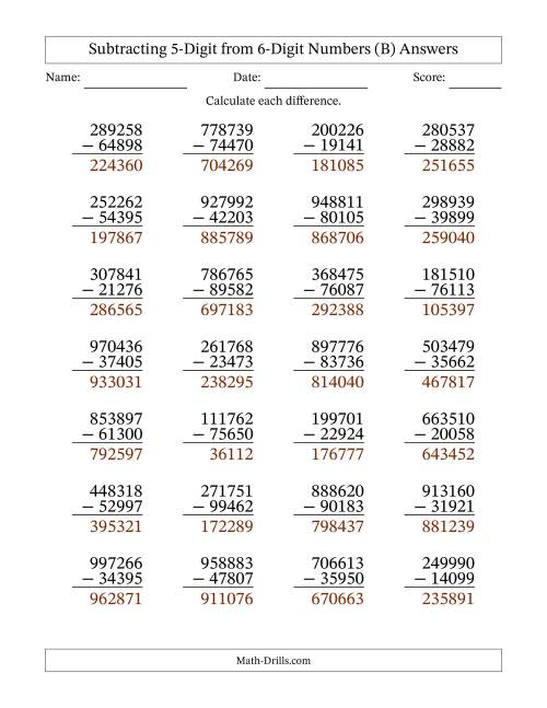 The Subtracting 5-Digit from 6-Digit Numbers With Some Regrouping (28 Questions) (B) Math Worksheet Page 2