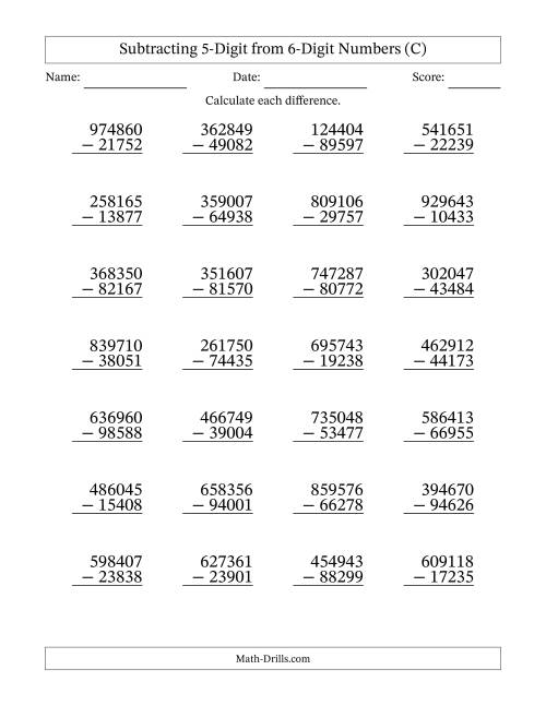 The Subtracting 5-Digit from 6-Digit Numbers With Some Regrouping (28 Questions) (C) Math Worksheet